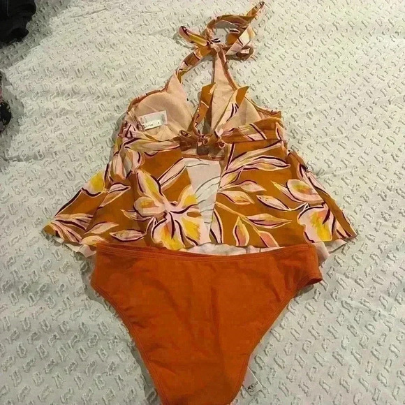 Cupshe NEW NWT Tankini Set Orange Floral Medium - Picture 3 of 4